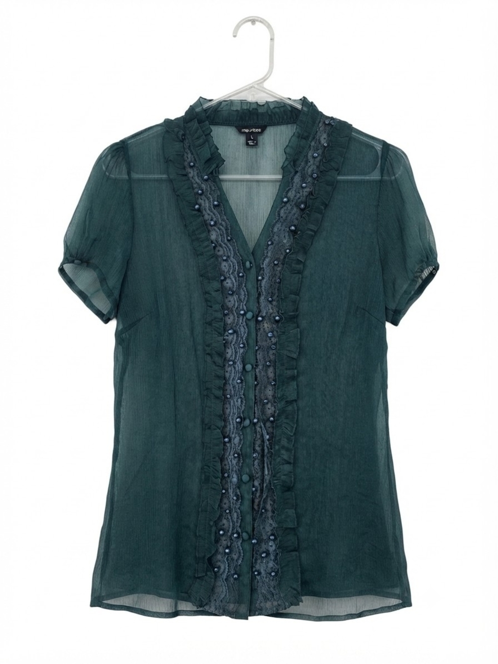 Emerald Green Ruffled Sheer Blouse Cottagecore Embellished